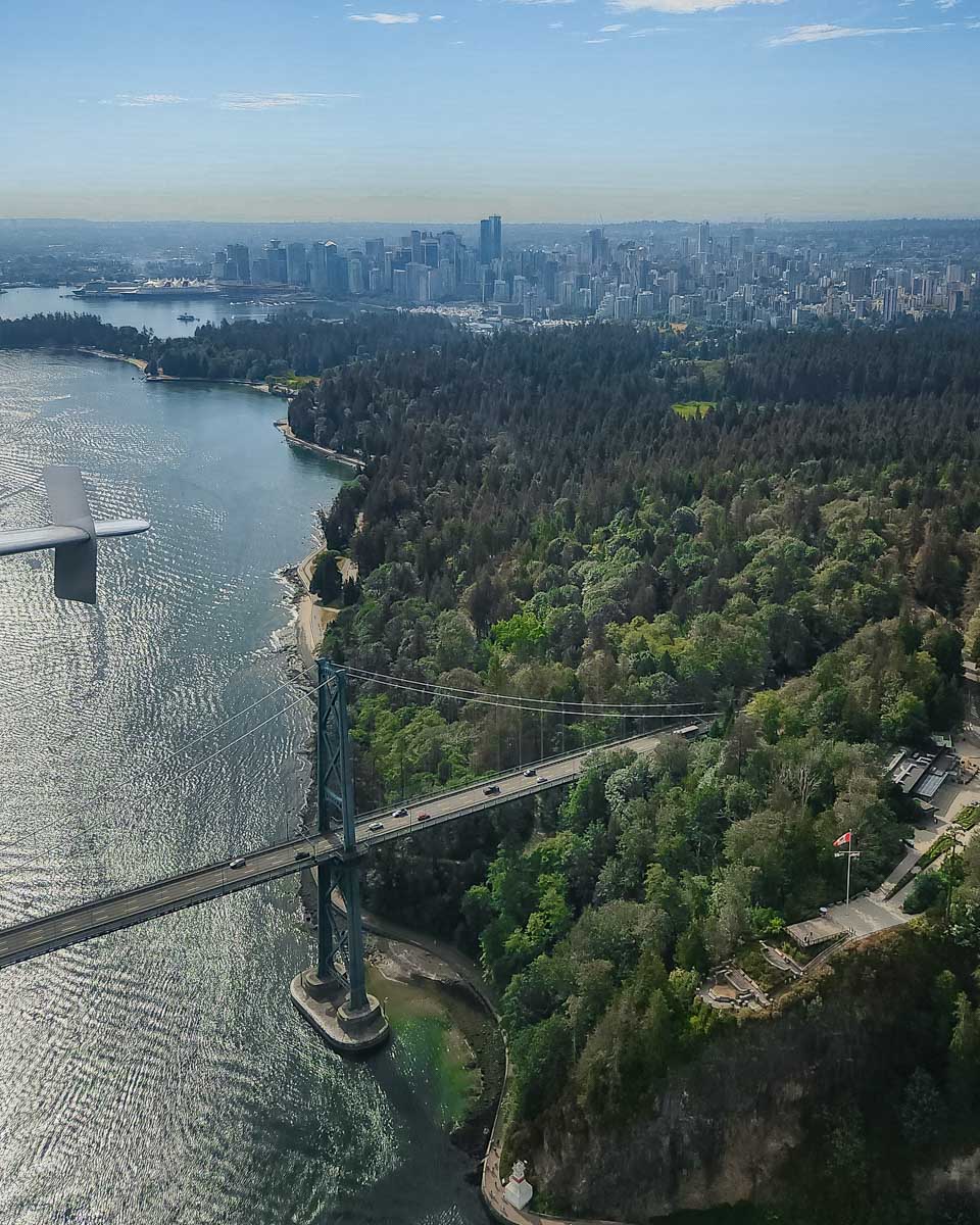 View of Stanley park from the float plane traveling out of Vancouver towards Victoria, BC