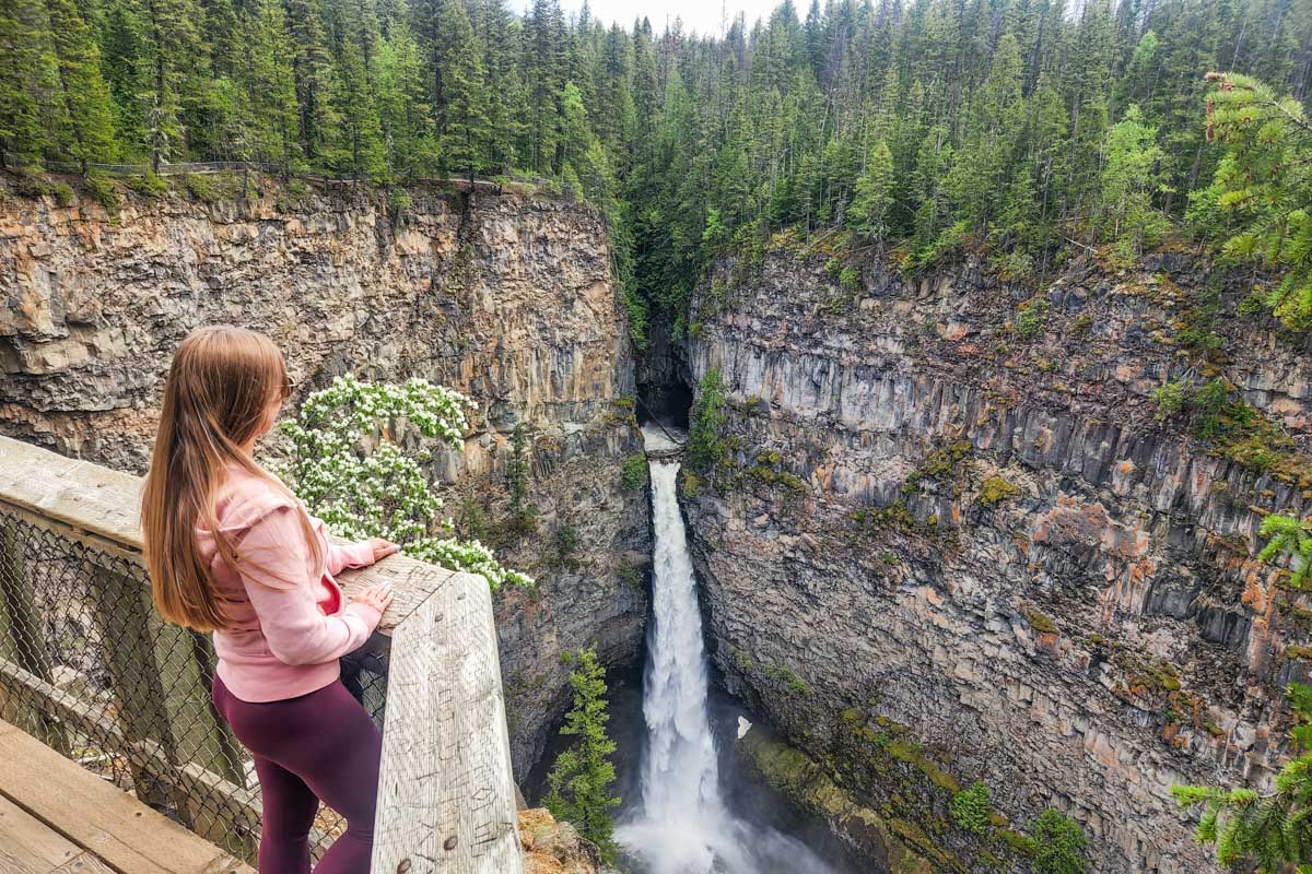 Bailey stands at the viewing platform at Spahats Creek Falls, Canada