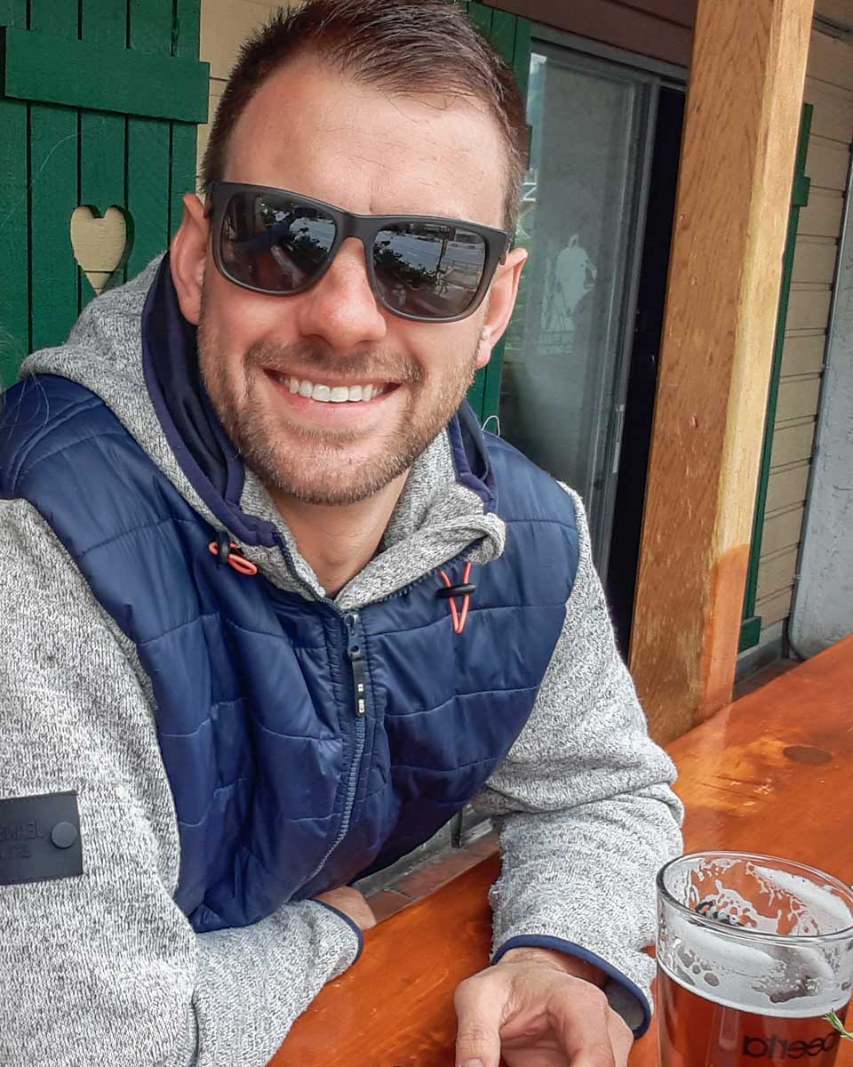 Daniel with a beer at Banff Brewing Co