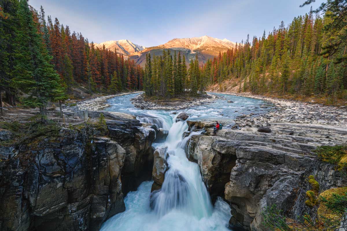 wide angle shot of Sunwapta Falls Jasper National Park
