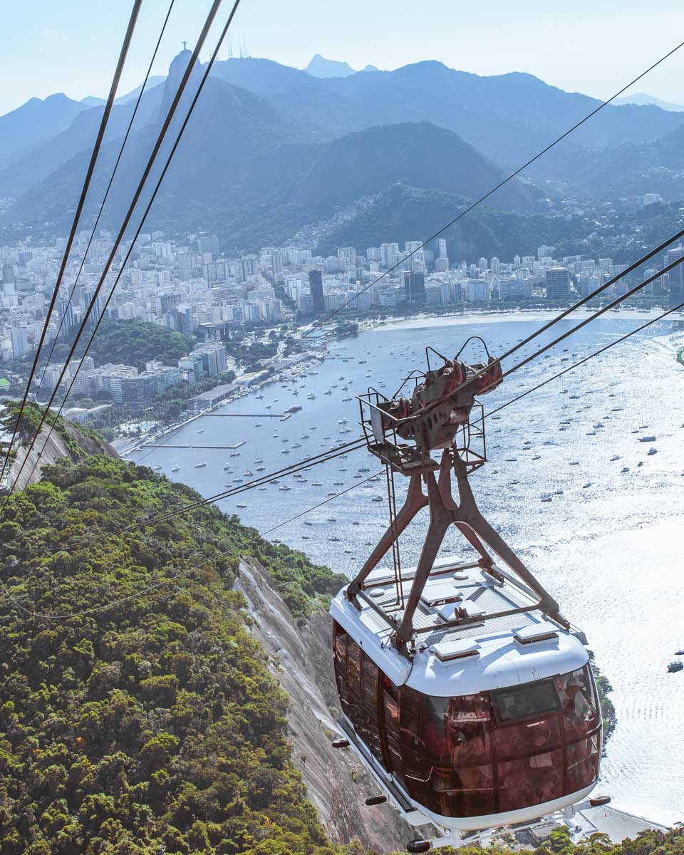 A cable car travels up Sugarloaf Mountain (Pão de Açúcar) in Rio de Janeiro, Brazil