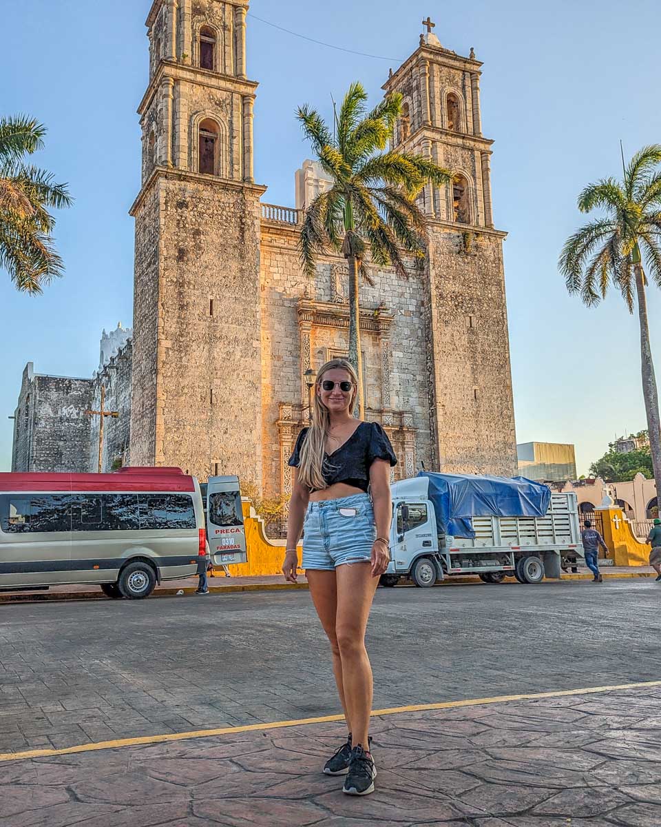 Bailey in front of the main cathedral in Valladolid, Mexico
