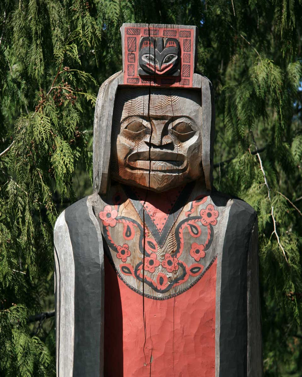 Close up of a Totum Pole at Capilano Suspension Bridge in Vancouver