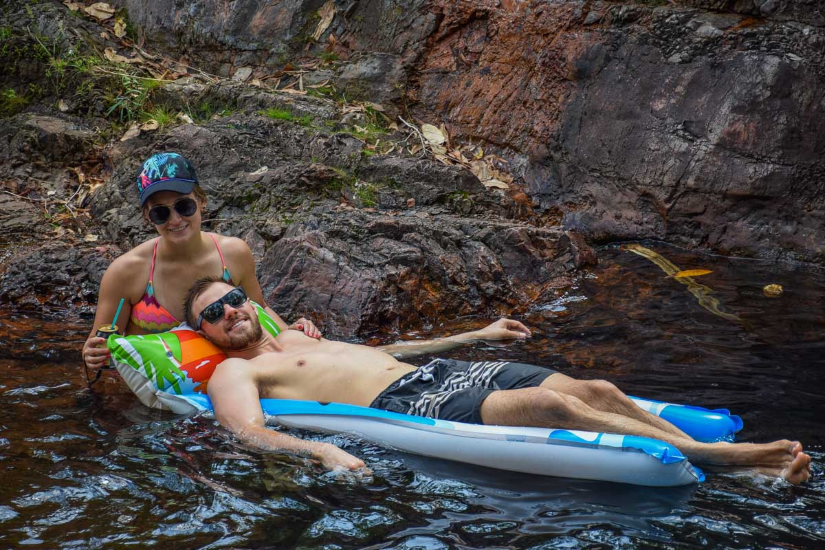 Daniel and Bailey on a floating bed in Litchfield National Park