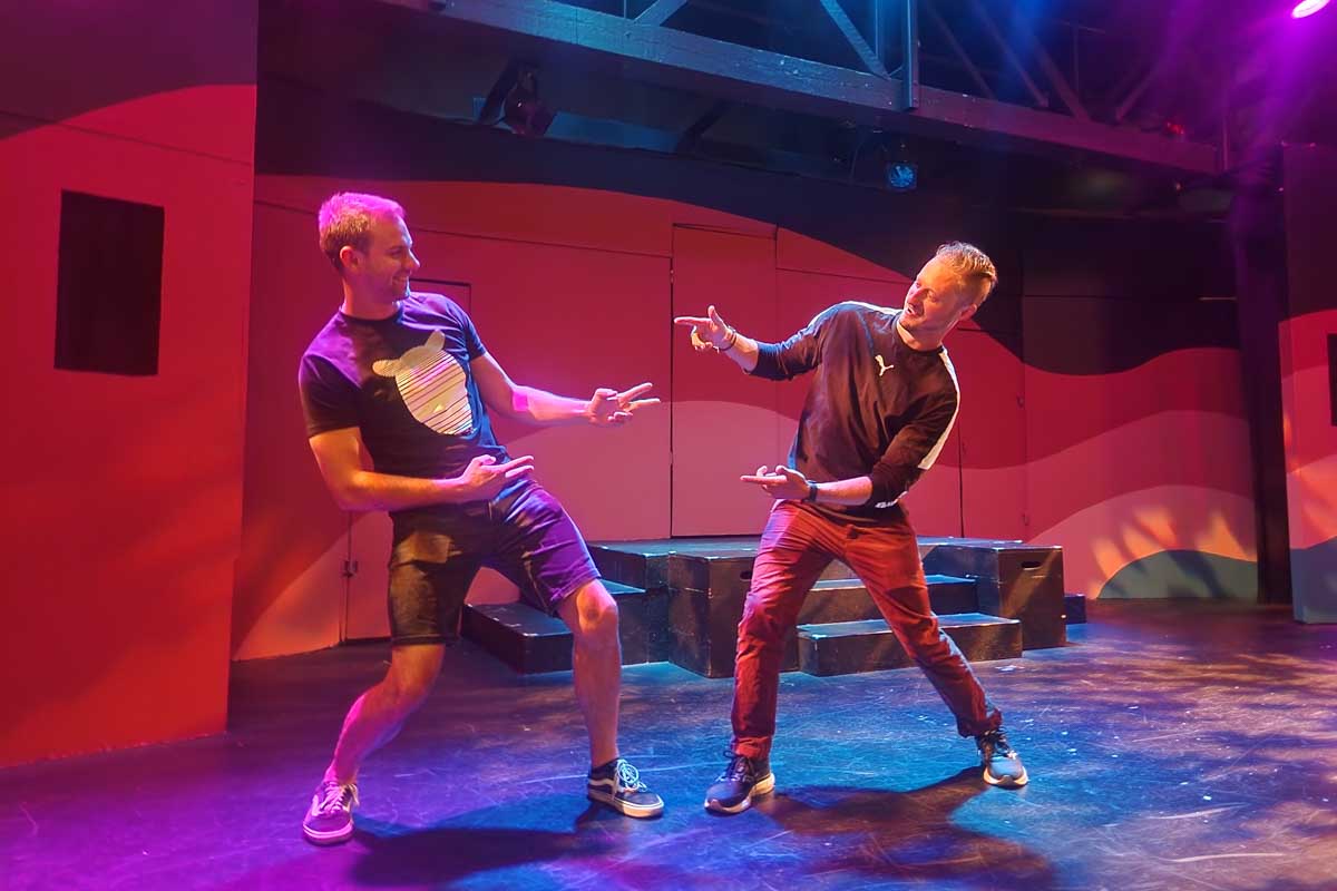 Daniel and a friend at the Improv center on Granville Island, Vancouver