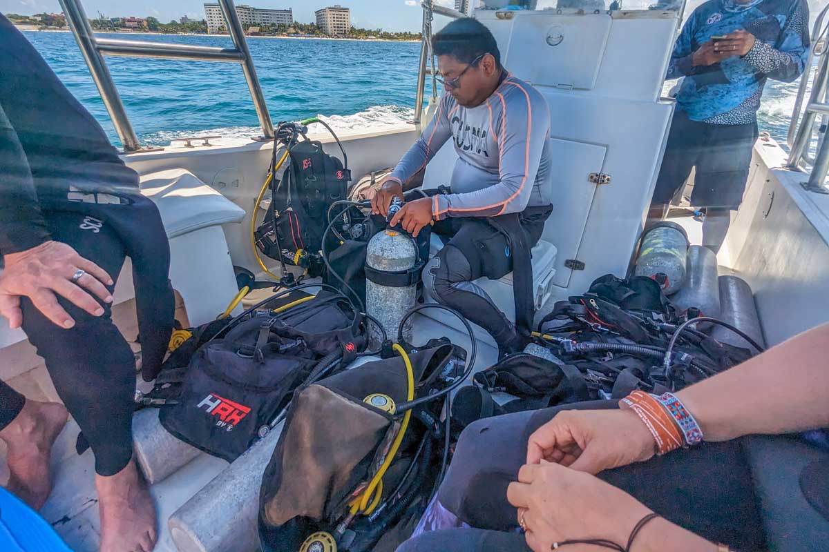 On the boat with all our scuba diving gear in Cancun