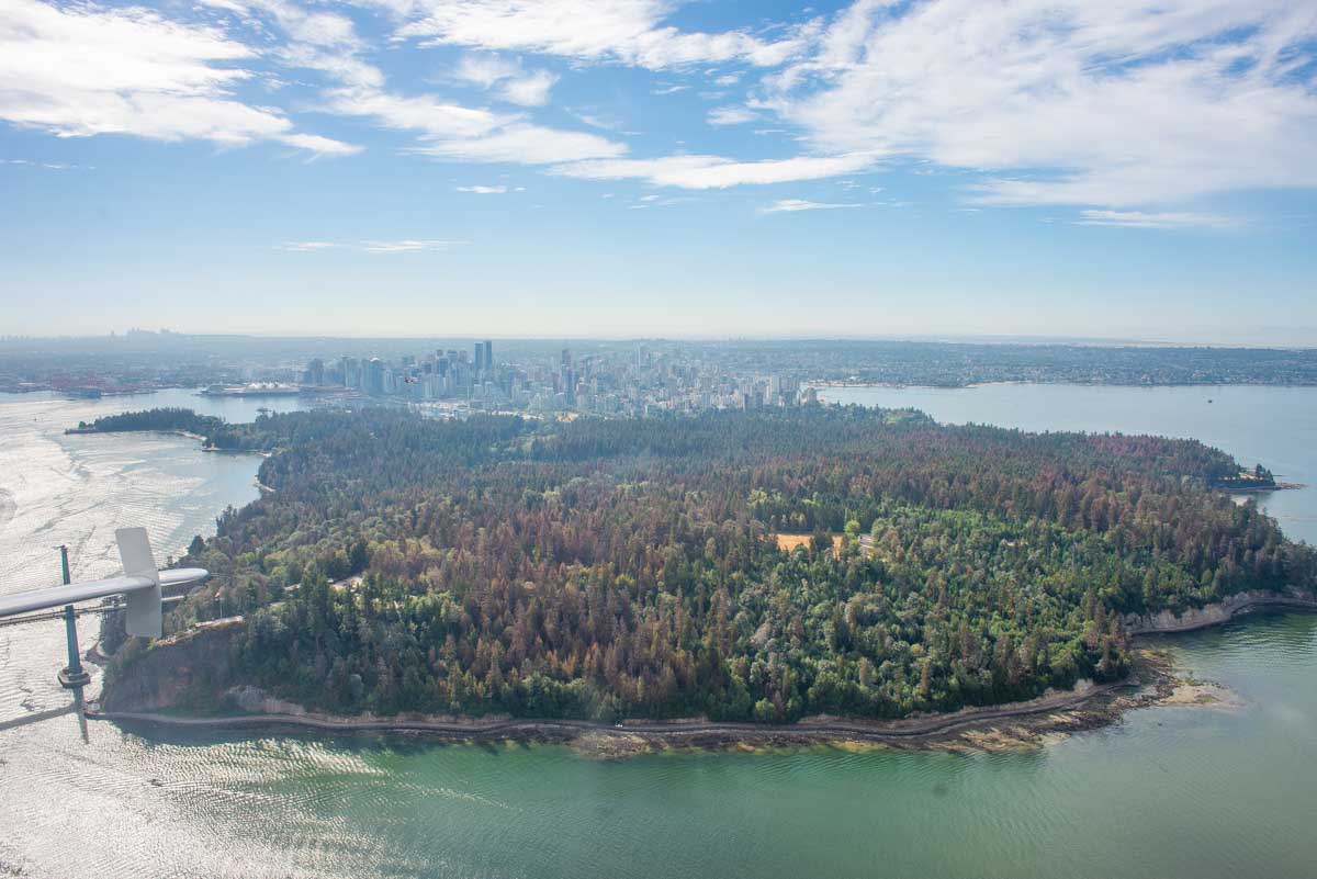Stanley Park as seen from a scenic flight giving you a birds eye view of the entire park