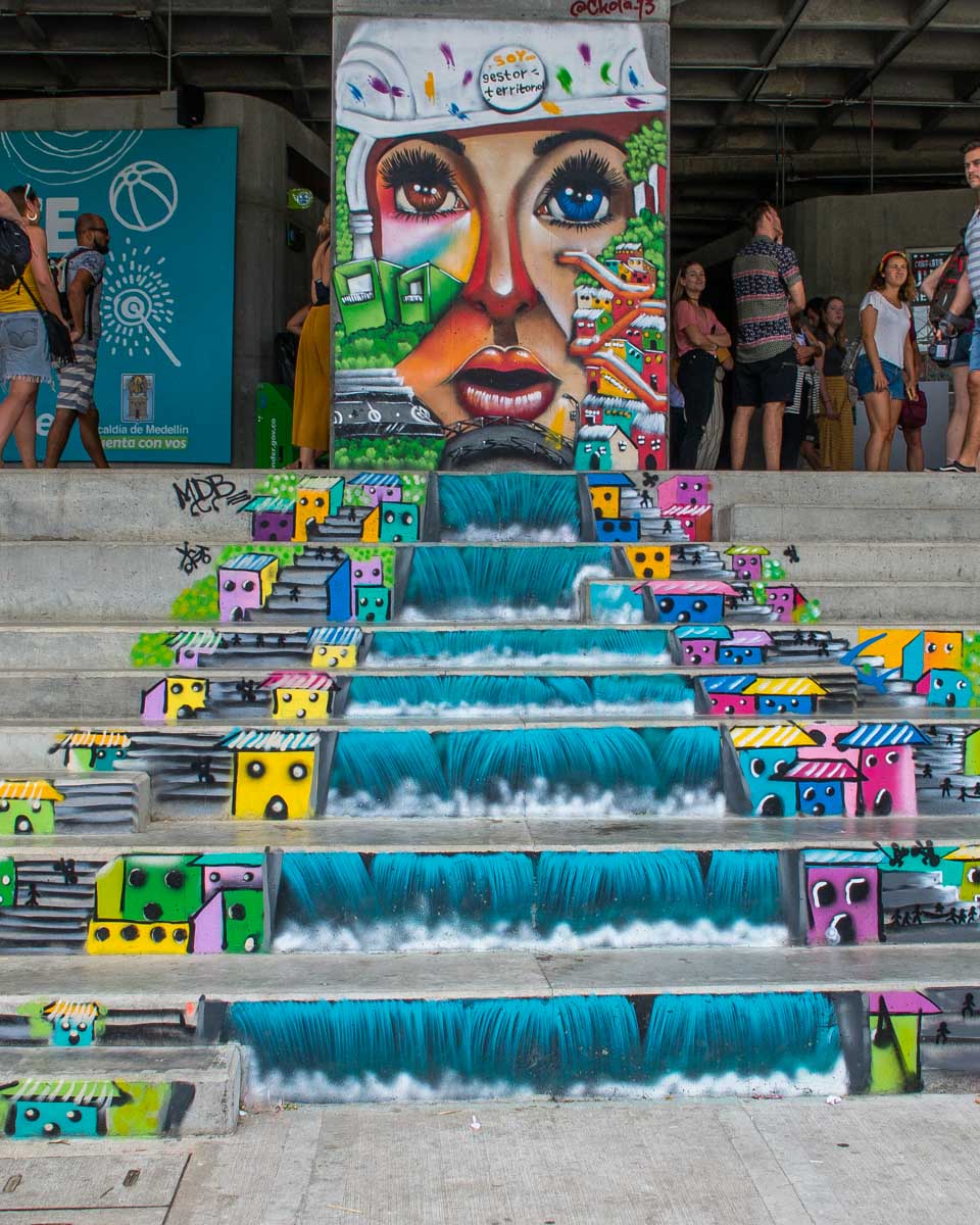 Street art of stairs in Comuna 13, Medellin