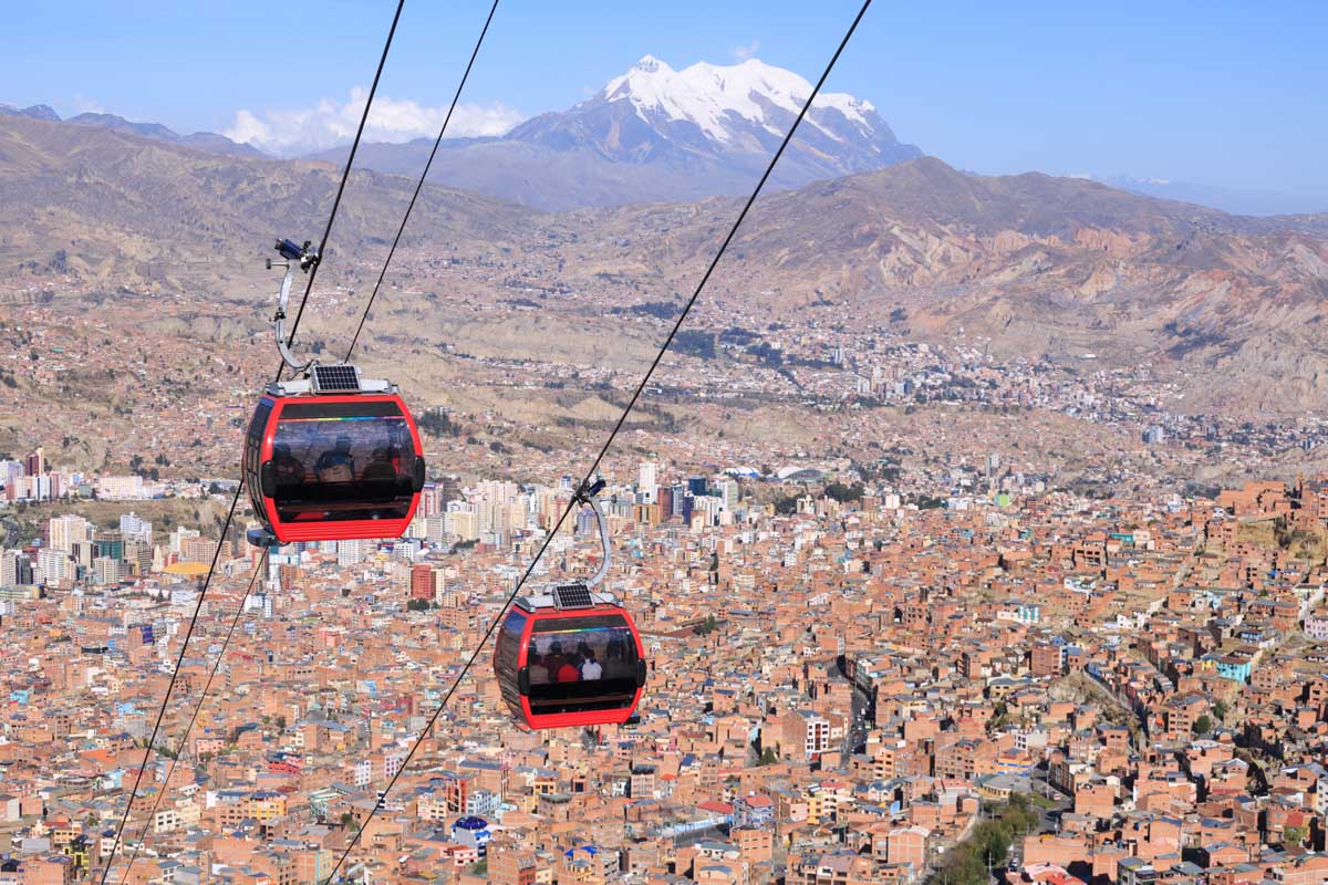 Two Cable cars travel above the city in La Paz, Bolivia
