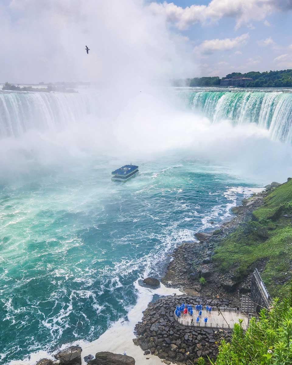 Views from the Canadian side of Niagara Falls looking down at the cruise below Niagara Falls