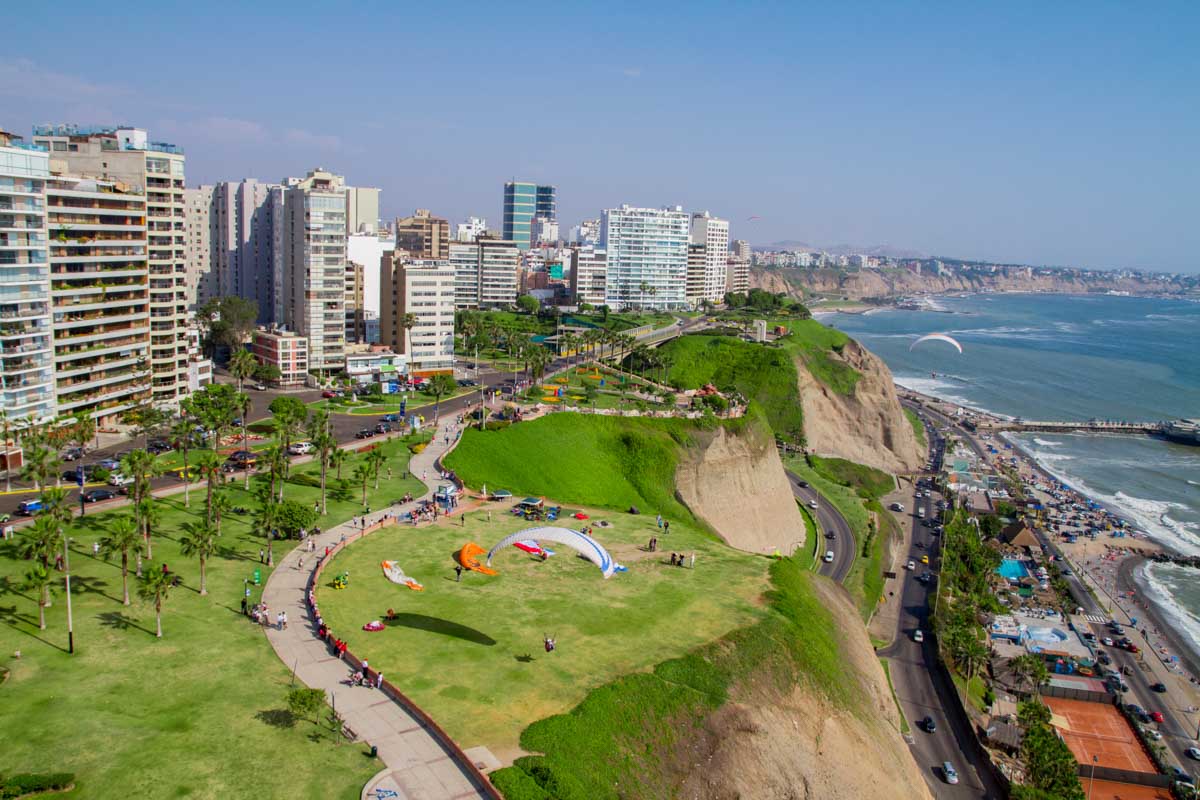 Views of the coastline while paragliding in Lima, Peru