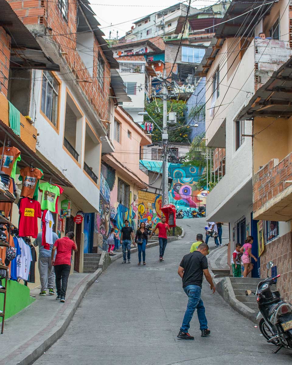 a narrow street in Comuna 13, Medellin