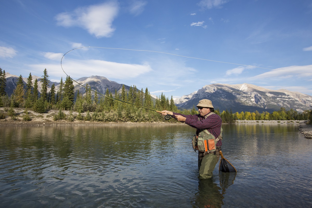 man fly fishing in Banff National park