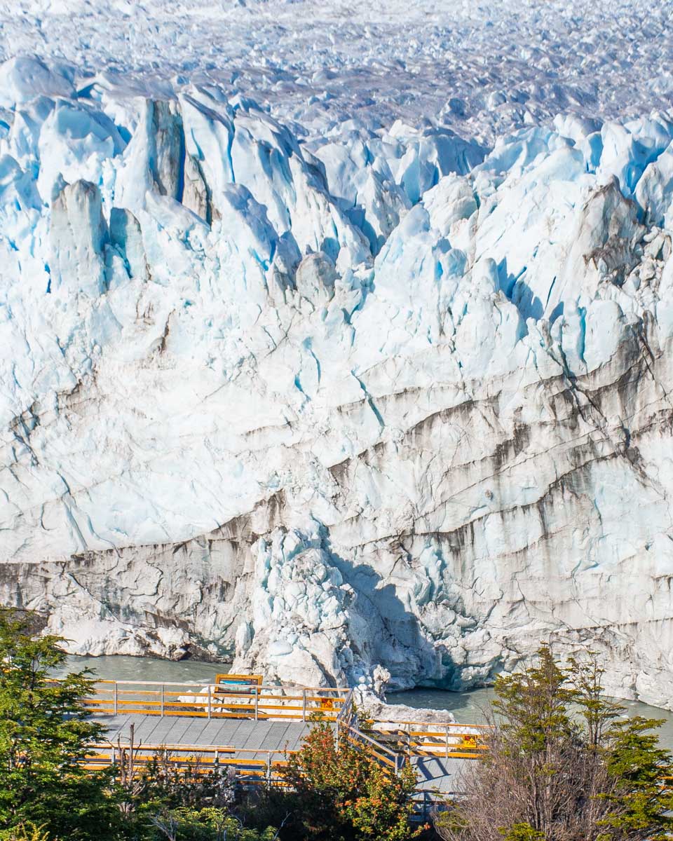 A close up of the ice and lower viewing platform at Perito Moreno Glacier