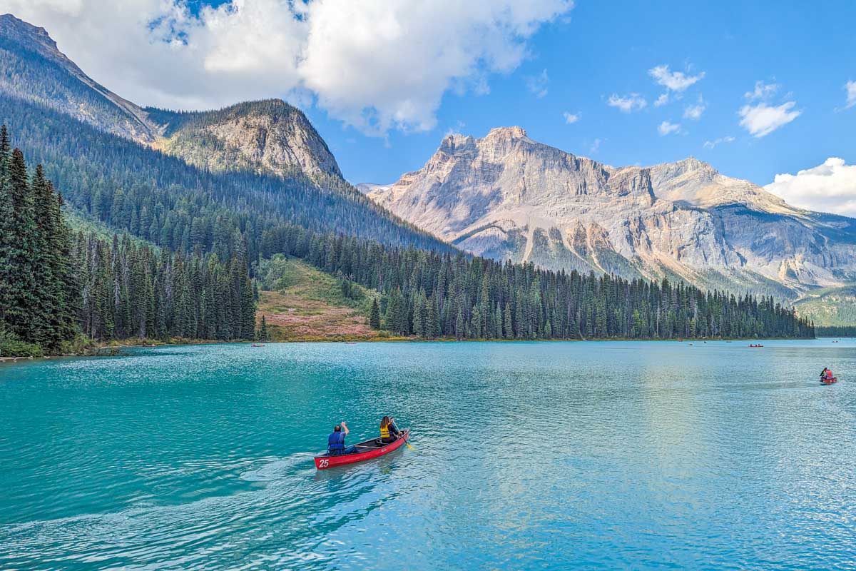 A person canoes at Emerald Lake in Yoho National Park