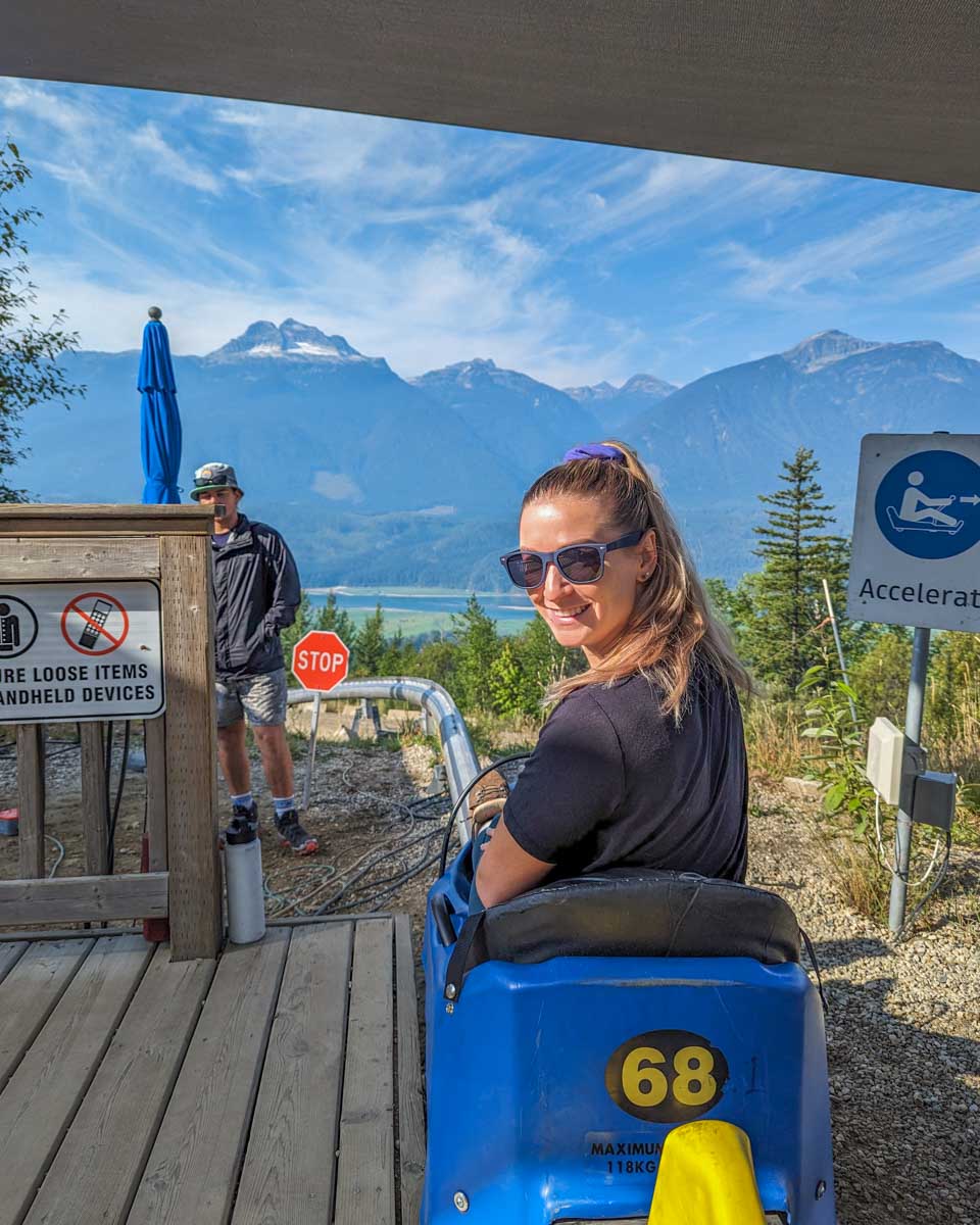 Bailey about to go down the Revelstoke Mountain Resort Mountain Coaster
