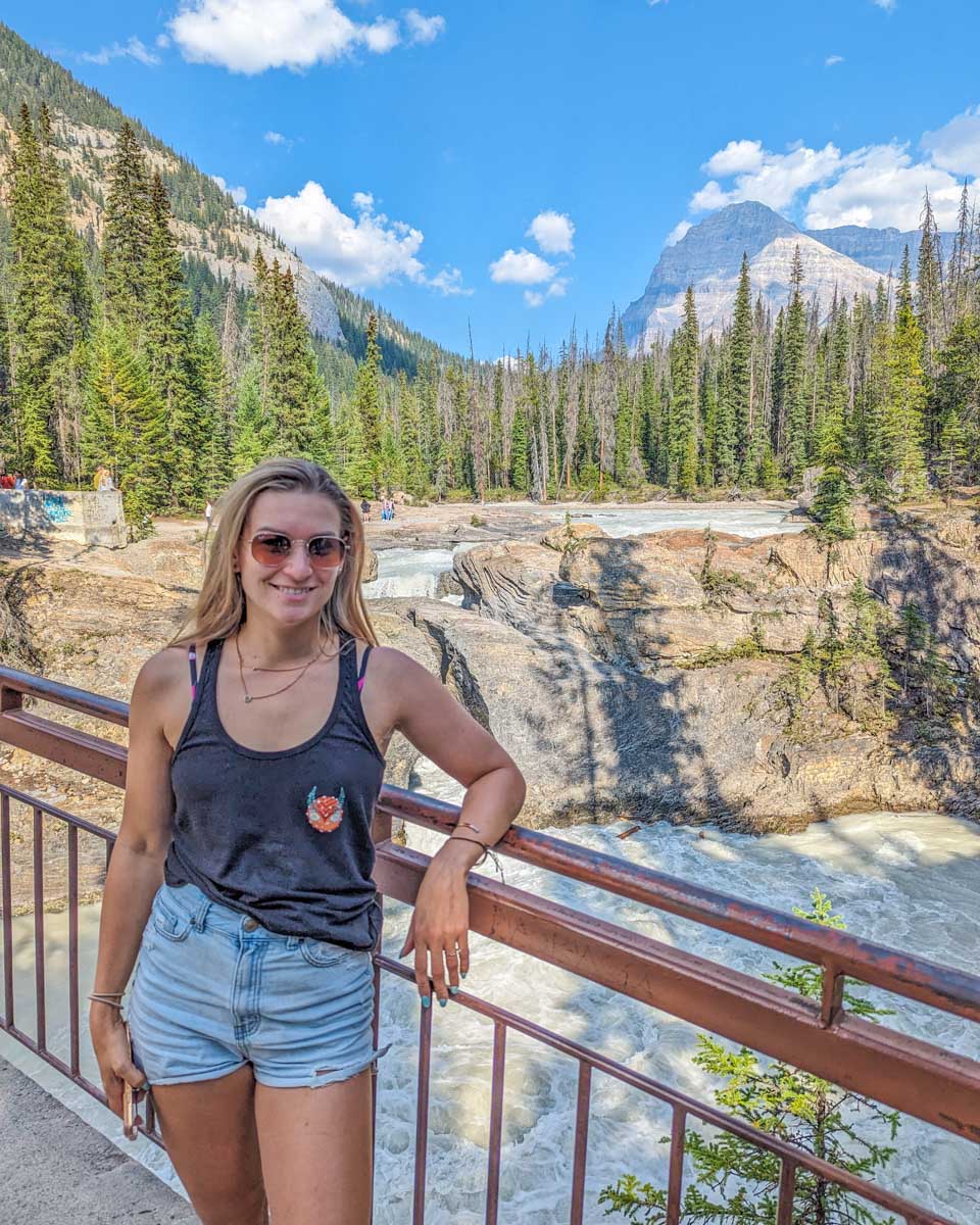 Bailey at Natural Bridge Lower Falls in Yoho National Park