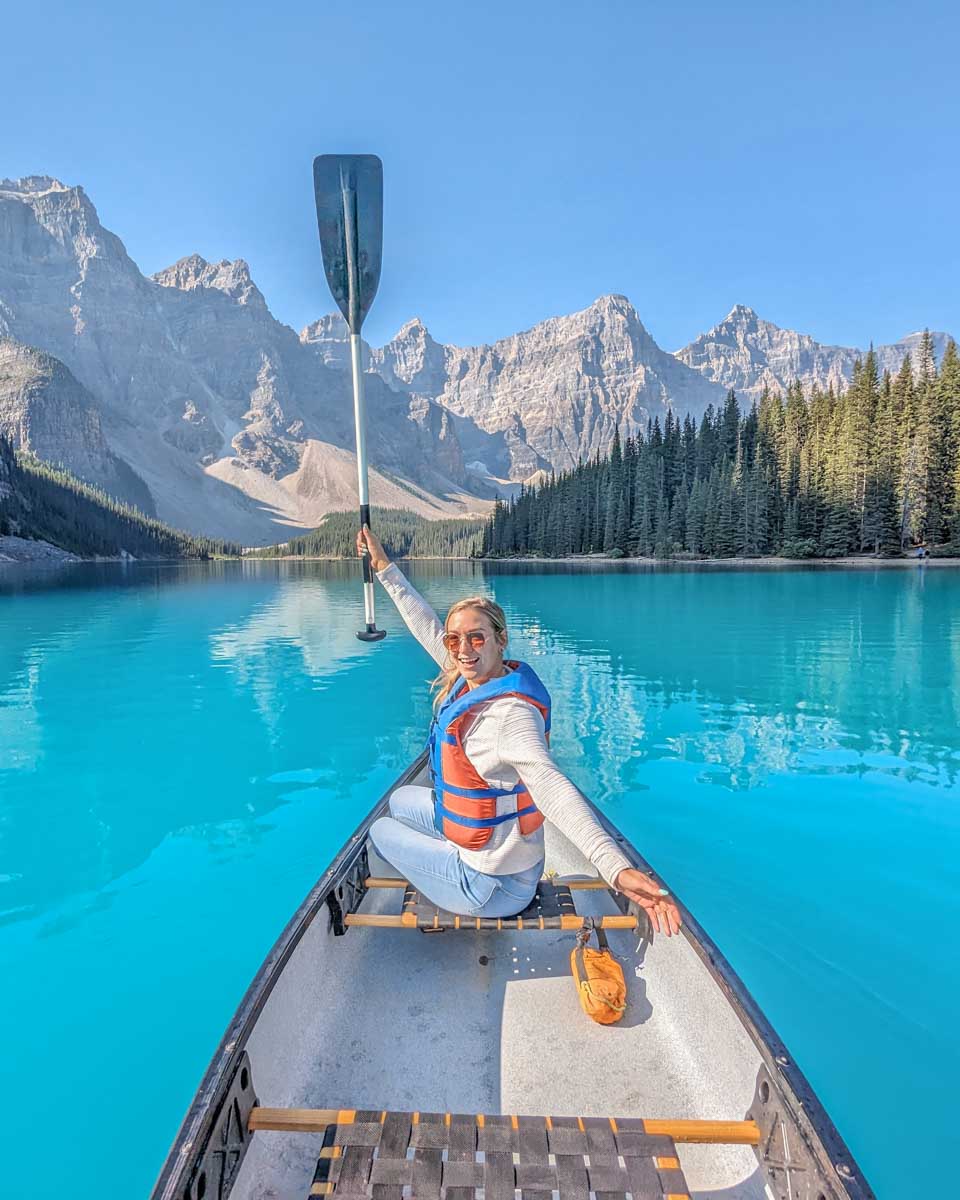 Bailey in a canoe at Moraine Lake, Banff NP