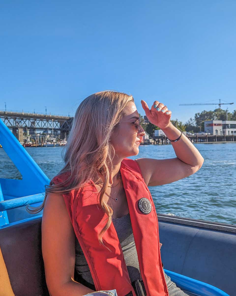 Bailey on a zodiac tour in Vancouver to Bowen Island