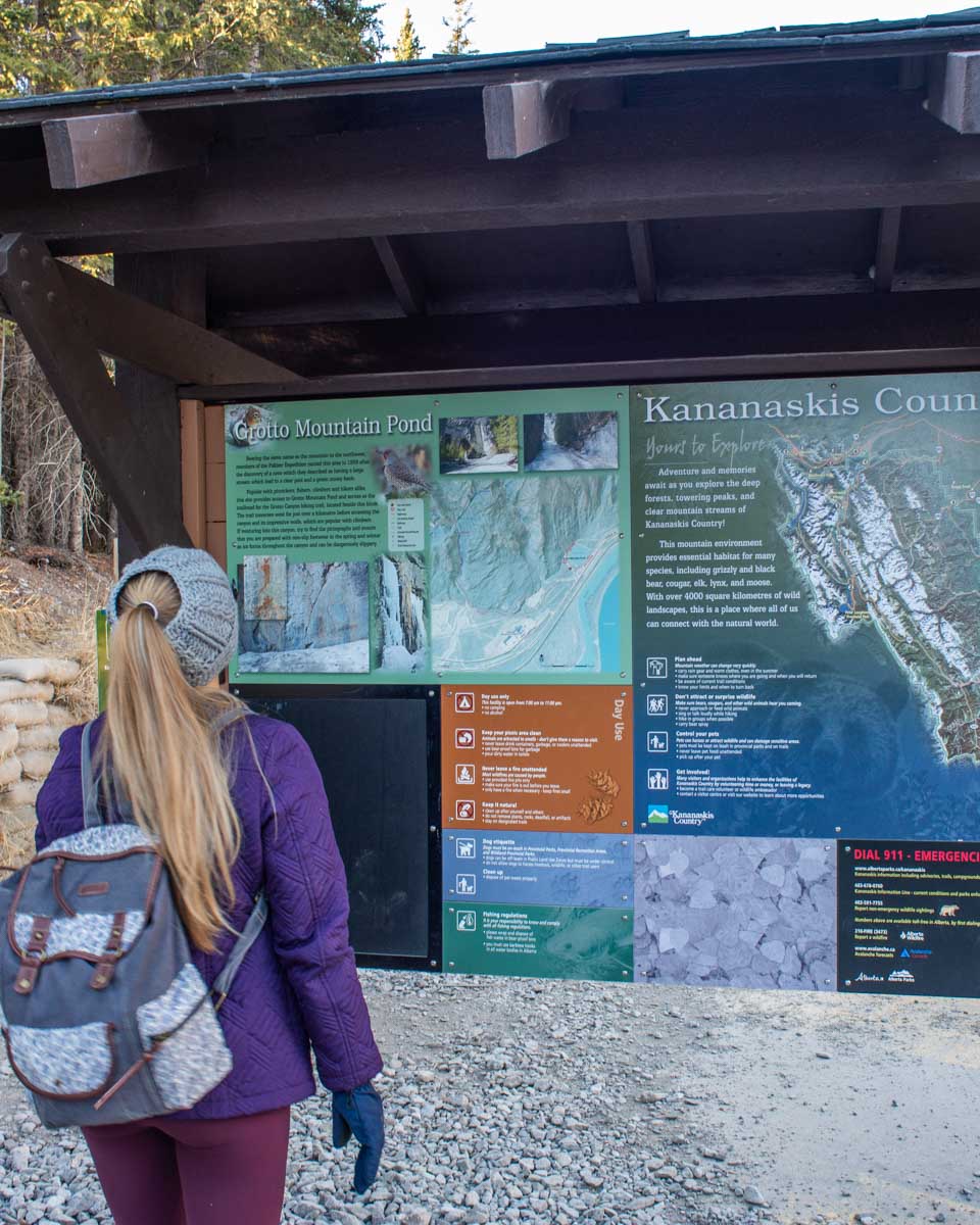 Bailey reads the sign for the Grotto Canyon walk near Canmore, Canada