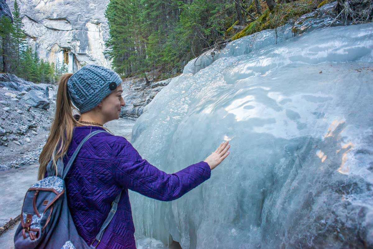 Bailey touches ice in the Grotto Canyon Icewalk, Canmore
