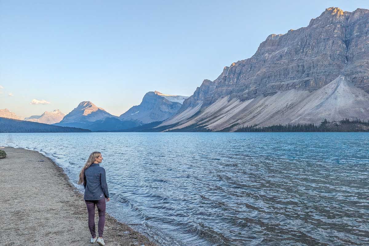 Bailey walks the edge of Bow Lake in Banff National Park