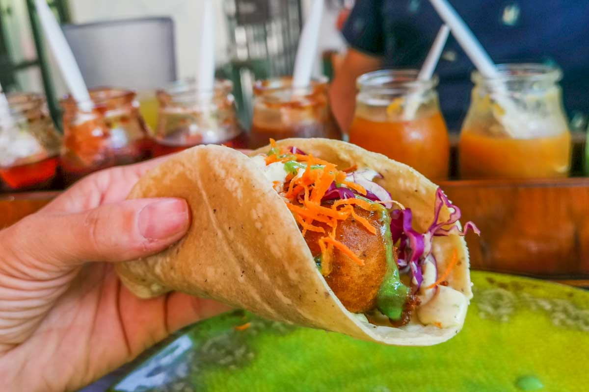 Close up of a seafood taco in Mexico City, Mexico