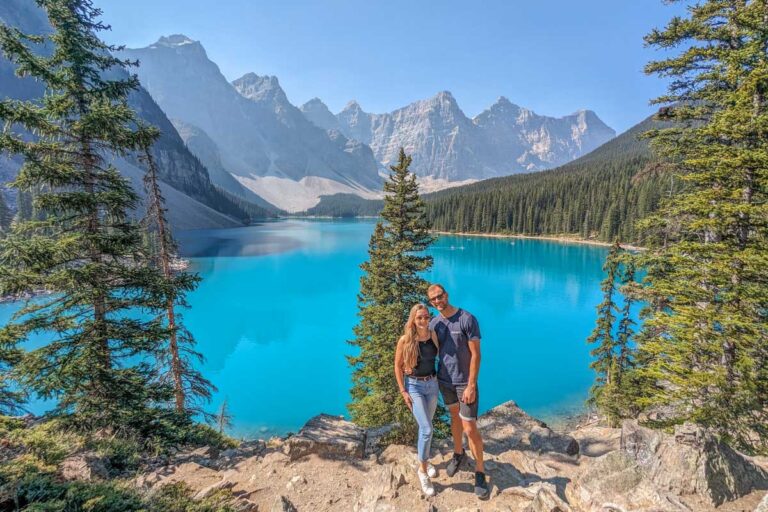 Daniel and Bailey pose for a photo the the rockpile at Moraine Lake