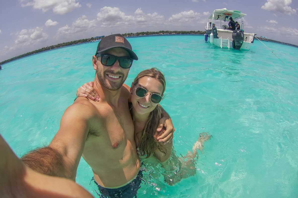 Daniel and Bailey take a selfie in Bacalar Lagoon, Mexico
