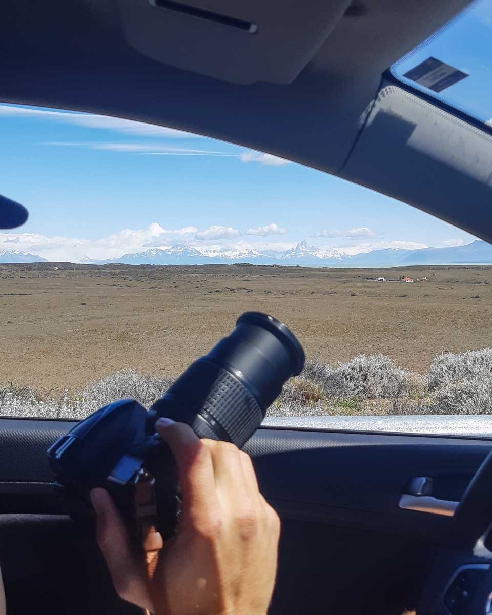 Daniel stops on the side of the road in Patagonia to take a photo of wildlife in Argentina