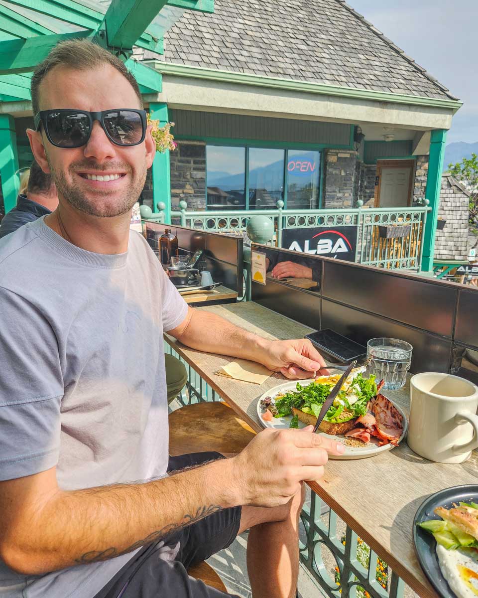 Daniel with his breakfast at Sunhouse Cafe in Jasper, Canada