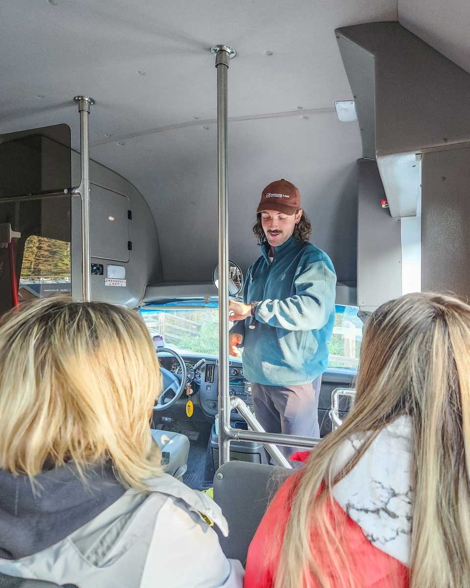 Driver talsk to us on our Moraine Lake bus