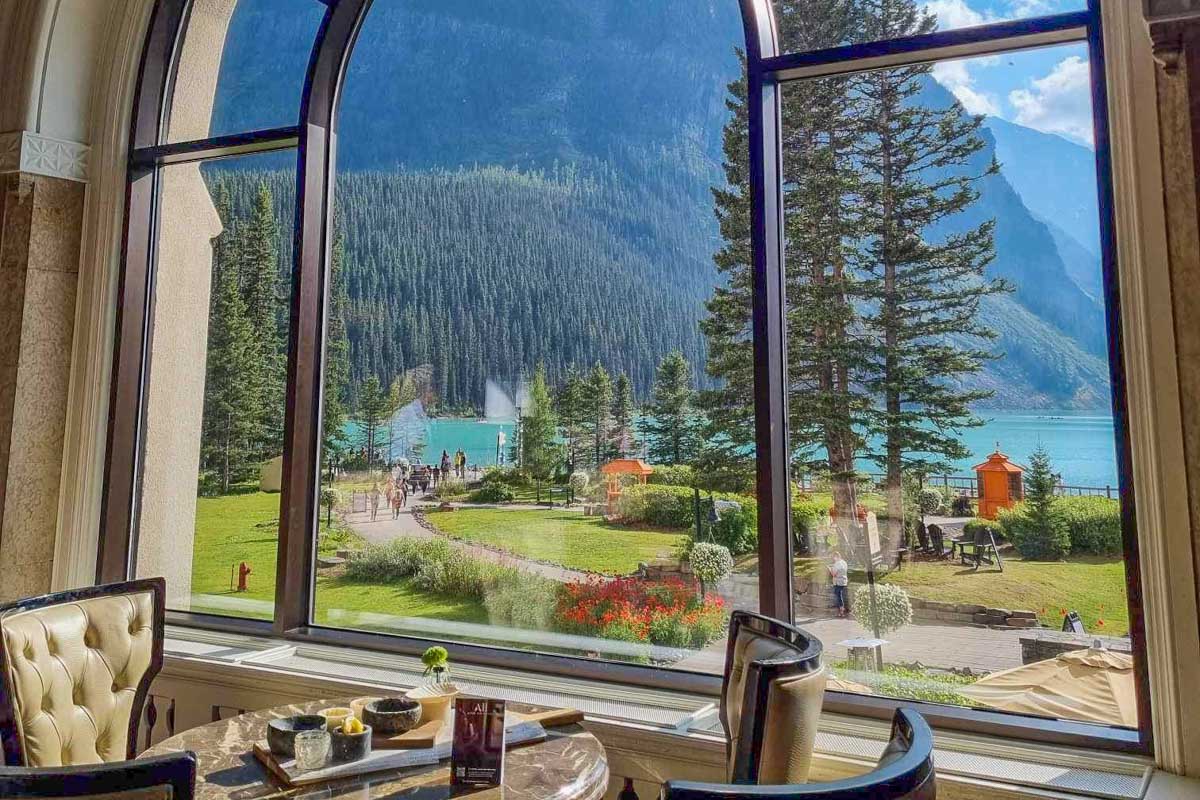 Views out the window of the restaurant at the Fairmont Château Lake Louise