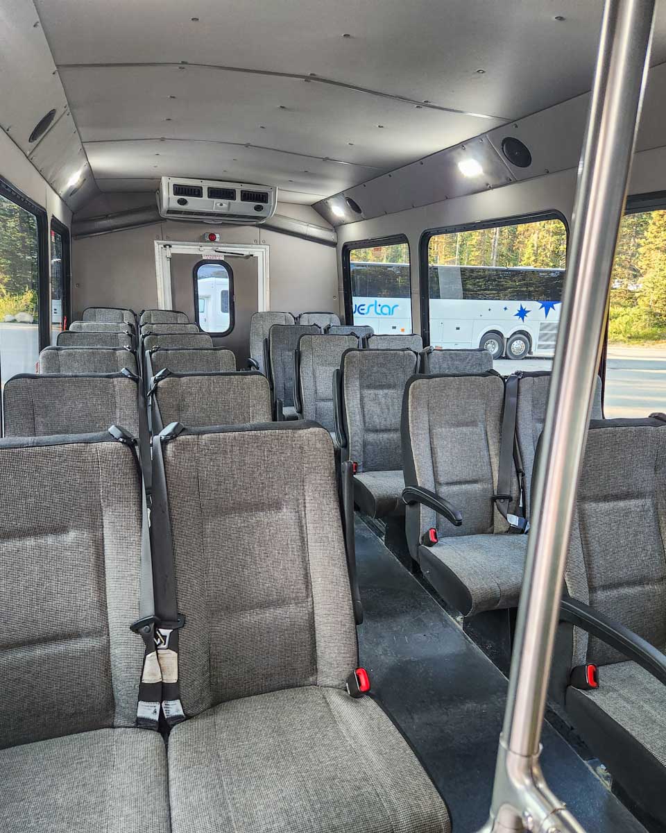 inside of a Moraine Lake bus shuttle