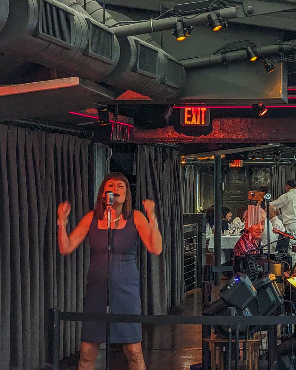 A singer sings with passion on the Bateaux New York Premier Dinner Cruise