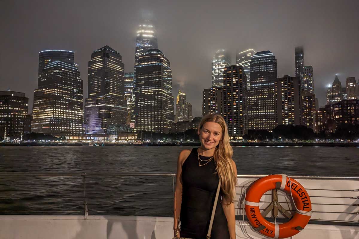 Bailey on the front deck on the Bateaux New York Premier Dinner Cruise