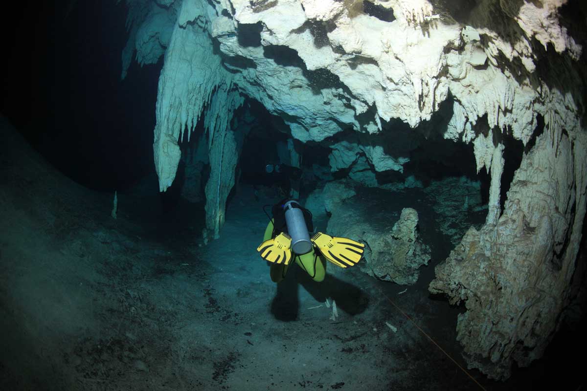 Cave diving in a cenote in Tulum, Mexico