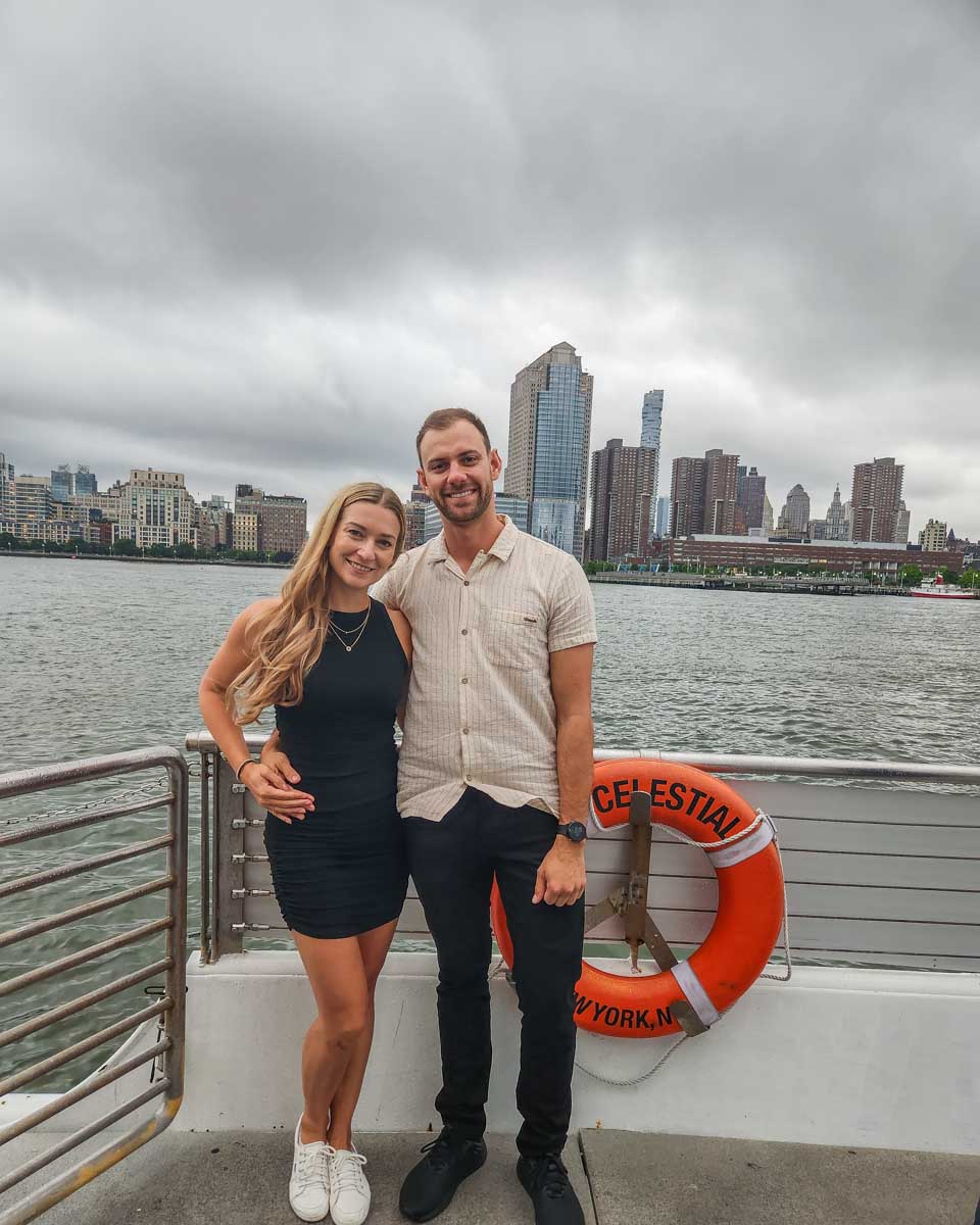 Daniel and Bailey poses for a photo on the Bateaux New York Premier Dinner Cruise