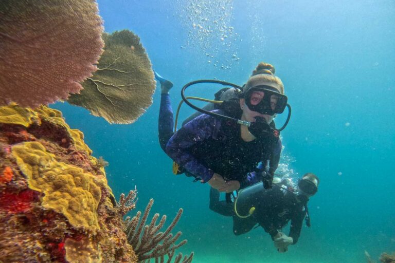 Daniel and Bailey swim past some corals while scuba diving in Playa Del Carmen, Mexico