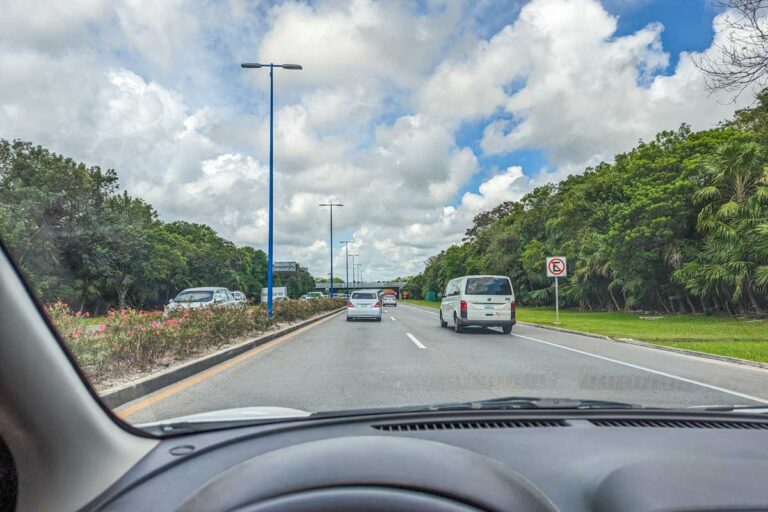 Photo on the highway out the front windscreen of a rental car in Mexico