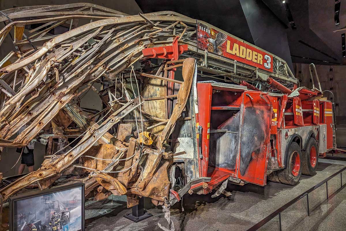 A damaged fire truck at the 911 Memorial and Museum in NYC