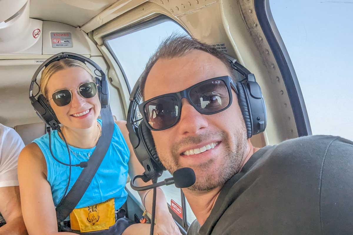 Daniel and Bailey take a selfie during a helicopter ride in New York City