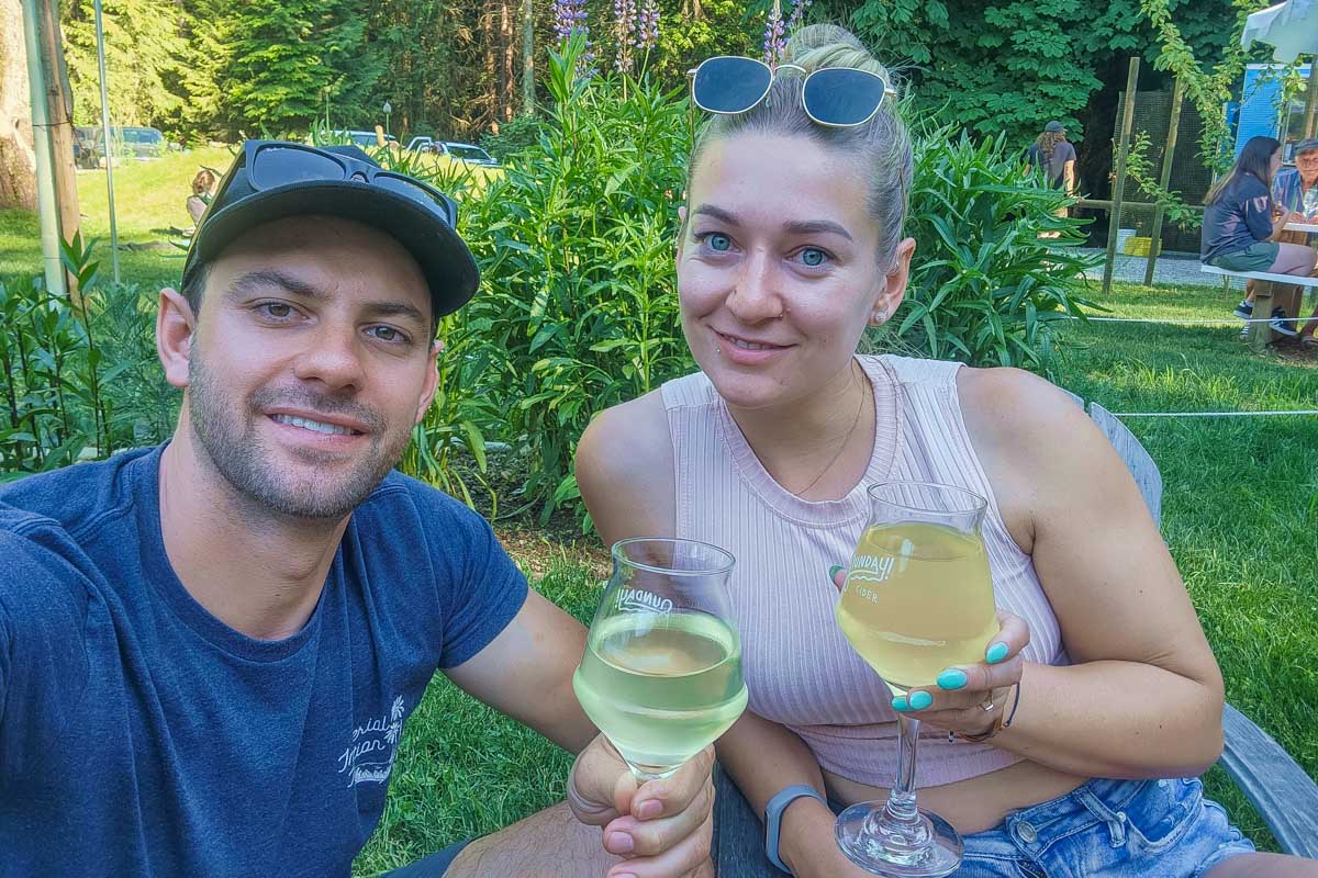 Daniel and Bailey taste cider on the Sunshine Coast in BC