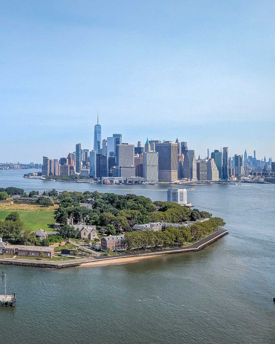 Ellis Island and New York City as seen from a scenic helicopter ride in New York City