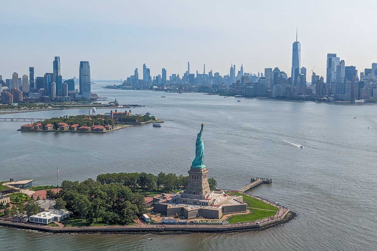 New York City skyline with the Statue of Liberty on a scenic flight in NYC