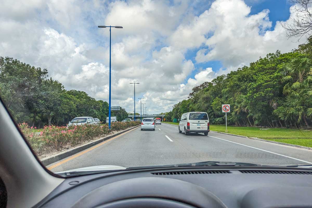 Photo on the highway out the front windscreen of a rental car in Mexico