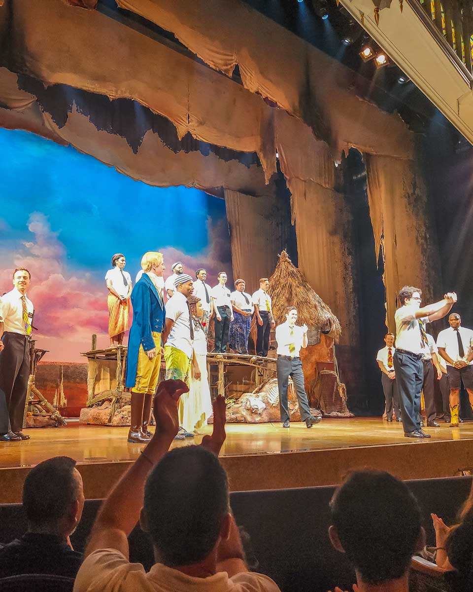 The cast of Book of Moorman say thankyou after an awesome show on Broadway in New York City