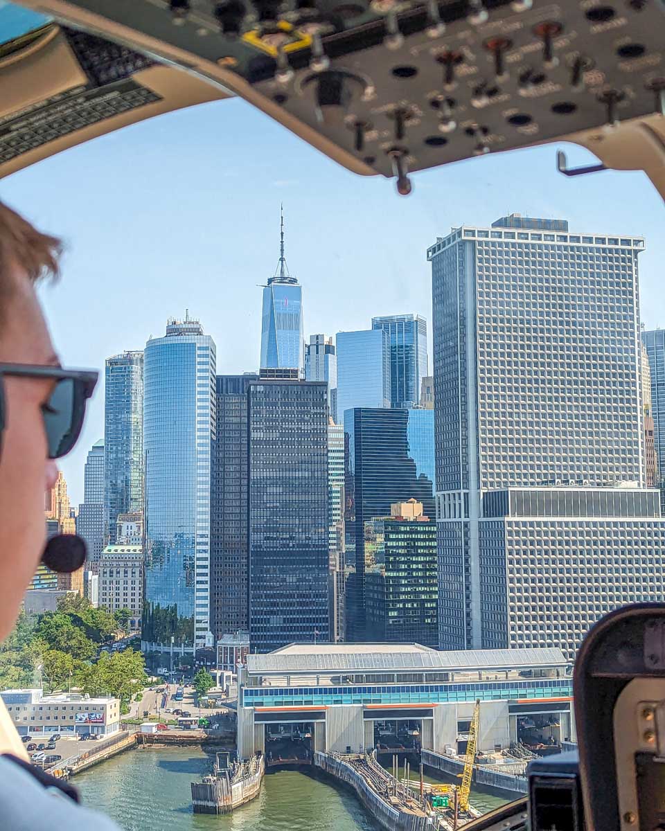 View out the front window of a helicopter tour in Manhattan, New York City