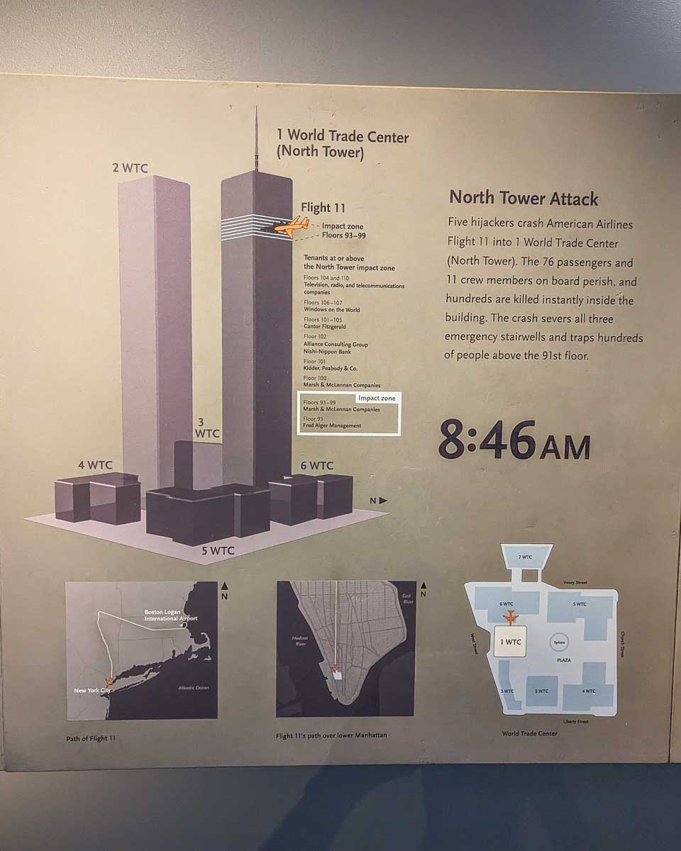 A diagram shows the first attack on the World Trade Center towers in New York City inside the 911 Museum