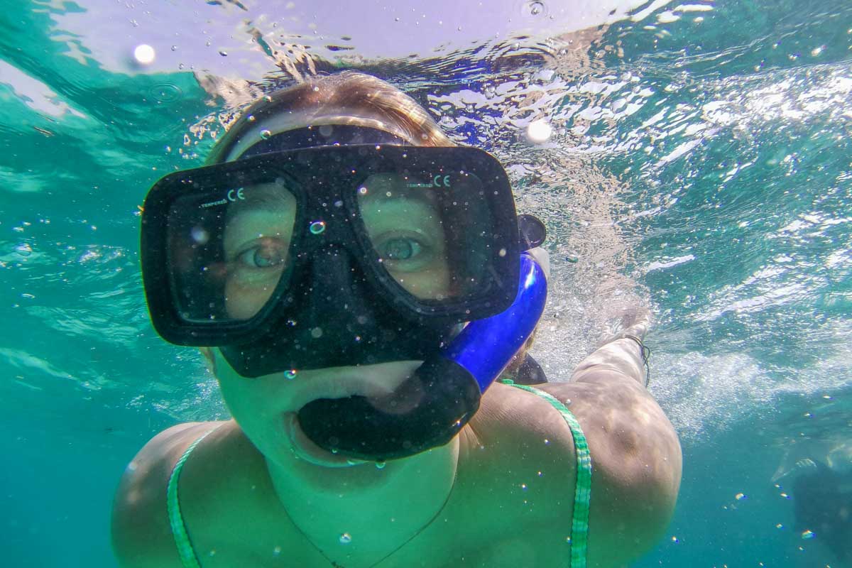 Baileu under the water while snorkeling in Mexico